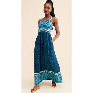 Faherty Dress Gracie Linen Maxi Blue Bali Bloom Floral Summer Travel Vacation